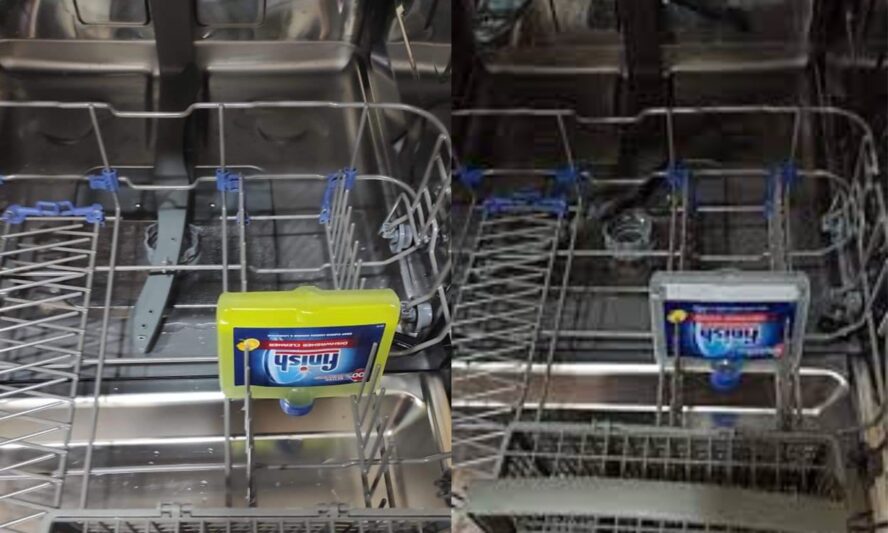Cách vệ sinh máy rửa bát Chefs sạch sẽ, khử mùi hôi hiệu quả tại nhà 10 Bước 2_ Đặt chai dung dịch tẩy rửa vệ sinh máy rửa bát vào đúng vị trí theo hướng dẫn sử dụng